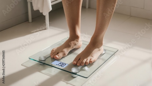 Person standing on a digital bathroom scale for weight measurement.