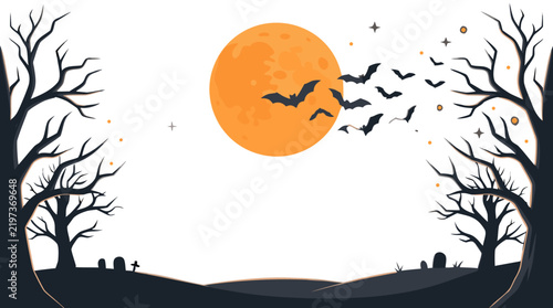 Spooky Halloween Night Landscape Vector Background with Full Moon, Bats, and Dead Trees