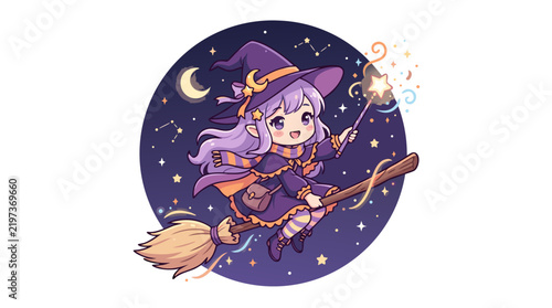 Cute Little Witch Flying on a Broomstick with Magic Wand in Night Sky Vector Illustration   