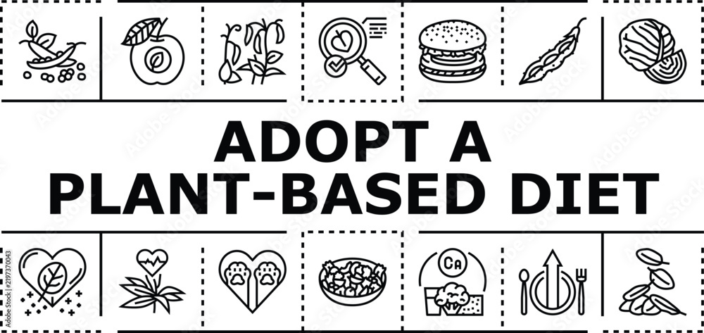 Obraz premium Adopt a plant-based diet banner infographic. Fiber sustainable, grains vegetarian, legumes wellness icon vector illustration