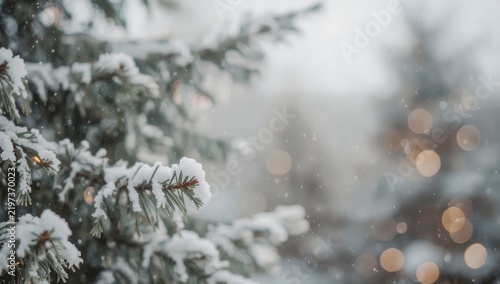 Snow Falls on Trees During Winter, Creating a Quiet Scene With Blurred Lights...