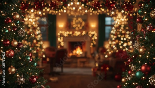 Decorated Living Room With Christmas Trees and Warm Fire in the Background