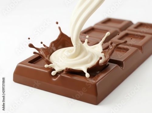 Fresh milk pouring onto a delicious brown chocolate bar creating a beautiful splash isolated on a clean white background