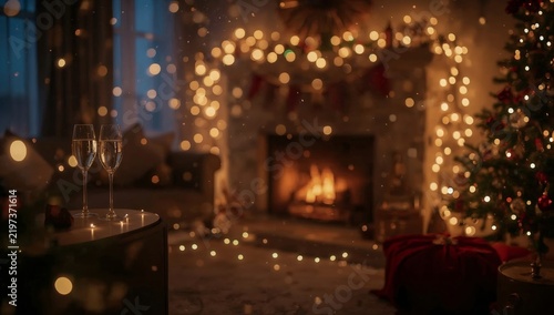 Celebration With Two Glasses on a Table Near a Decorated Tree and a Fire in a...