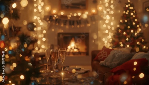 Festive Gathering With Sparkling Drinks and Holiday Decorations in a Cozy Liv...