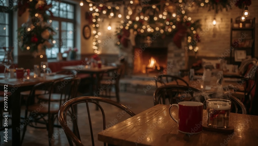 Obraz premium Cozy Restaurant Setting With Holiday Decorations and a Fireplace