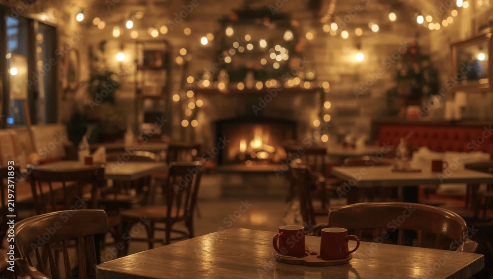 Obraz premium Cozy Atmosphere in a Cafe With Warm Lights During a Winter Evening