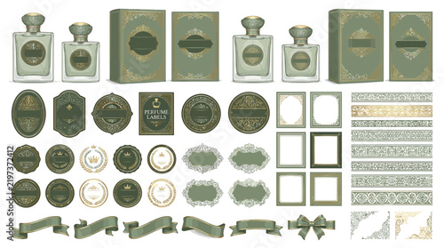 Vintage Perfume Bottles, Boxes, Labels, Frames & Ribbons - Isolated