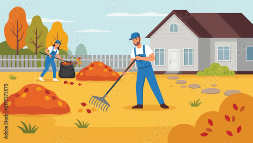 Gardeners raking autumn leaves in a residential yard, seasonal lawn care and outdoor gardening concept, minimalist flat vector illustration