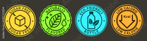 Sugar Free, Naturally Flavored, Eco-Friendly, Low Calorie Labels. Healthy Food and Drink Packaging Badges Set Vector
