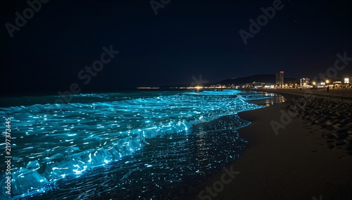 Bioluminescent Waves Shine at the Beach Under a Night Sky