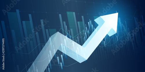 moving up arrow financial chart with stock market graph on blue color background