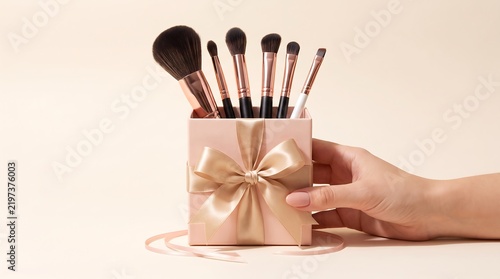 Makeup brushes arranged in a gift box with a decorative bow on a light background