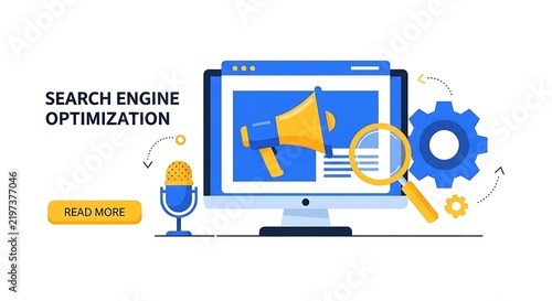 Digital Marketing Strategy Concept Featuring Computer Screen with Search Engine Optimization Analysis Tools and Online Promotion Elements