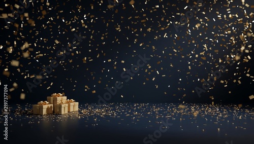 Gifts on a Table With Golden Confetti Falling in a Dark Setting