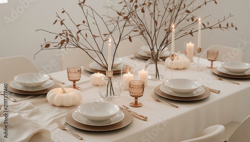 Table Set for Dinner With Decorations and Candles in a Light Room