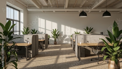 Modern Office Space With Desks and Plants