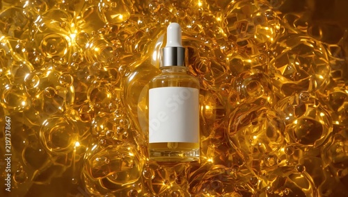Golden Oil Dropper Bottle on Vibrant Yellow Liquid Background