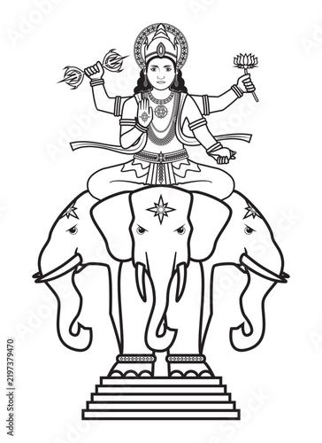 Line art Illustration vector of Indra Hindu god riding a Three heads elephant Erawan Airavata mythical creature animal vehicle or vahana drawing in black and white