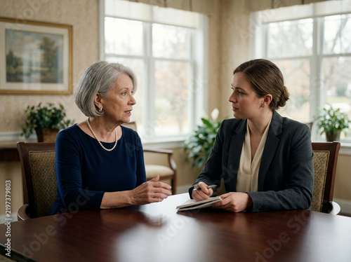 Senior woman discussing important documents or life plans with a professional female legal advisor or financial planner in a bright office room.
