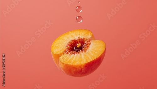 Peach Slice Suspended in Front of a Pink Background With Water Droplets