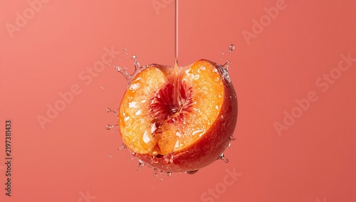 Water Splashes Around a Freshly Cut Peach Against a Pink Background