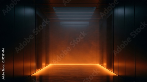 A cinematic black and orange Halloween background showing an empty modern elevator with black metallic walls and glowing orange floor illumination, symmetrical perspective, reflective surfaces