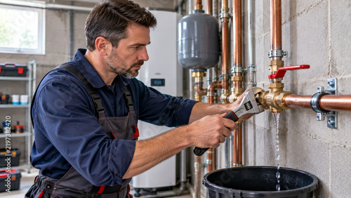 Plumber repairs leaking copper pipe valve with adjustable wrench during emergency plumbing service and water leak repair