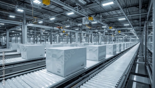 Packages Moving Through a Large Distribution Center With Automated Systems in...