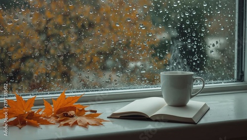 Cozy Indoor Scene With Book and Cup Beside Rainy Window With Autumn Leaves