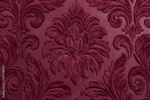 Fotografie Close Up Luxury Burgundy Damask Floral Patterned Fabric
