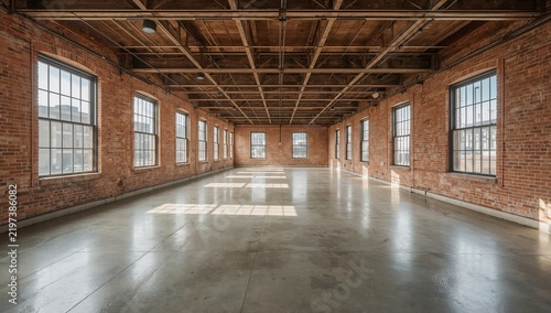 Open Interior Space With Large Windows and Brick Walls in a Building
