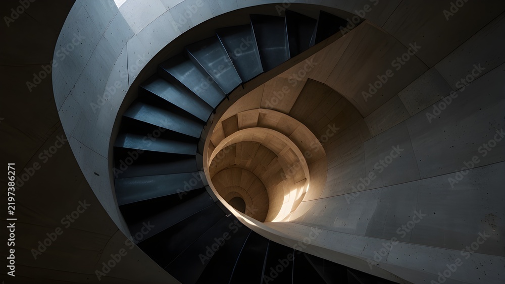 Fototapeta premium Abstract modern spiral staircase shaping like a giant eye with dramatic lighting and concrete interior architecture
