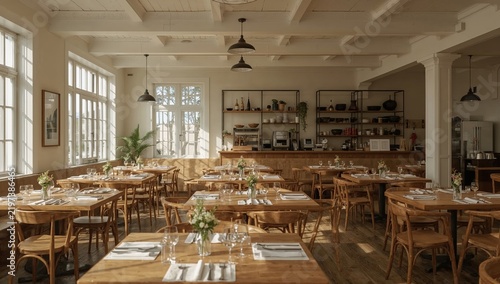 Bright and Spacious Restaurant Interior With Wooden Tables and Natural Light