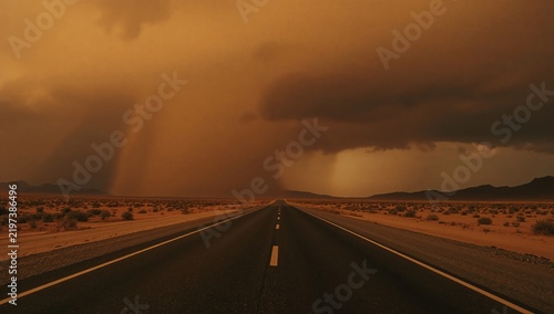 Dust Storm Approaches Over a Long Road in a Desert Area With Dark Clouds