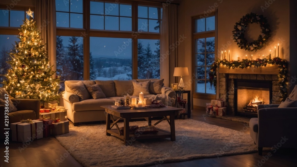 Fototapeta premium Cozy Winter Evening in a Living Room With a Decorated Christmas Tree and Fireplace