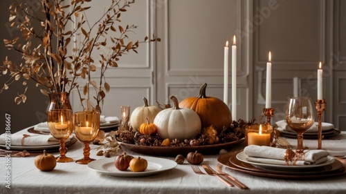 Celebration of Autumn With Pumpkins and Candles at a Festive Table Setup