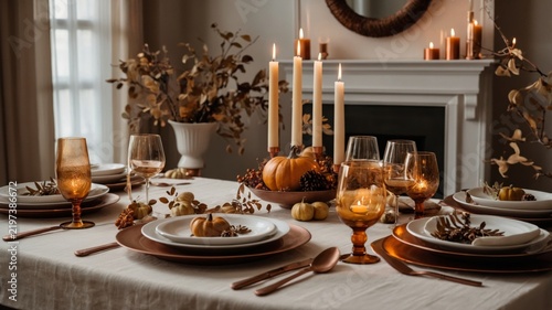 Table Set for a Gathering With Decorative Elements and Candles in a Cozy Indo...