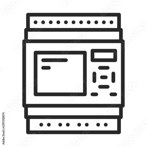 Programmable Logic Controller vector outline icon for industrial warehouse automation. Industrial AI process monitoring controller sign. Automation, Control. Pictogram of industrial automation.