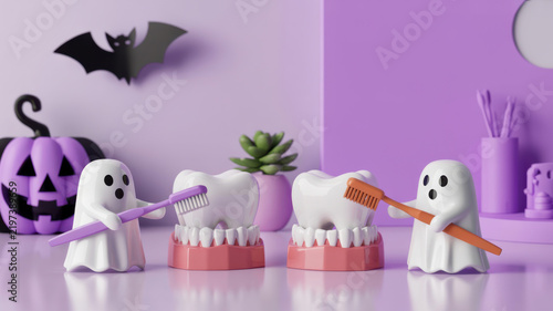 Ghost figures cleaning plastic teeth models on a purple Halloween backdrop