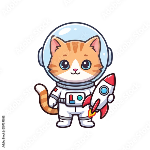 Cute cartoon ginger cat astronaut wearing a space suit holding a toy rocket