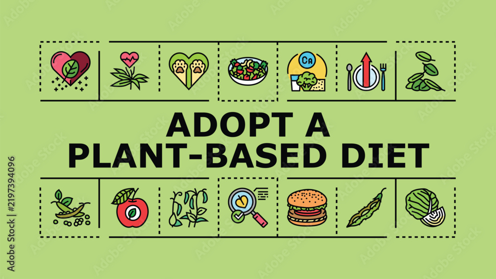 Obraz premium Adopt a plant-based diet banner infographic. Fiber sustainable, grains vegetarian, legumes wellness icon vector illustration