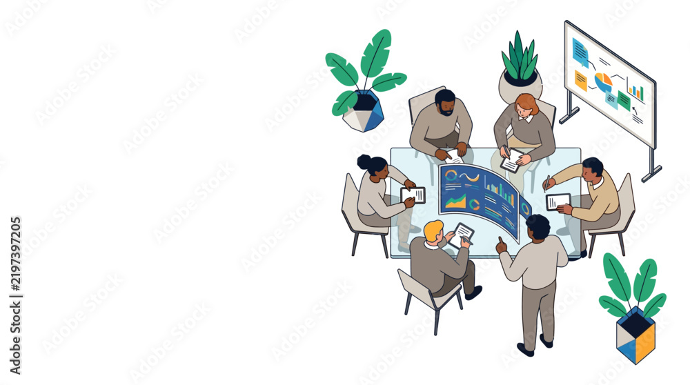 Obraz premium Diverse Business Team Collaborating on Data Analytics and Strategy in Modern Office Illustration