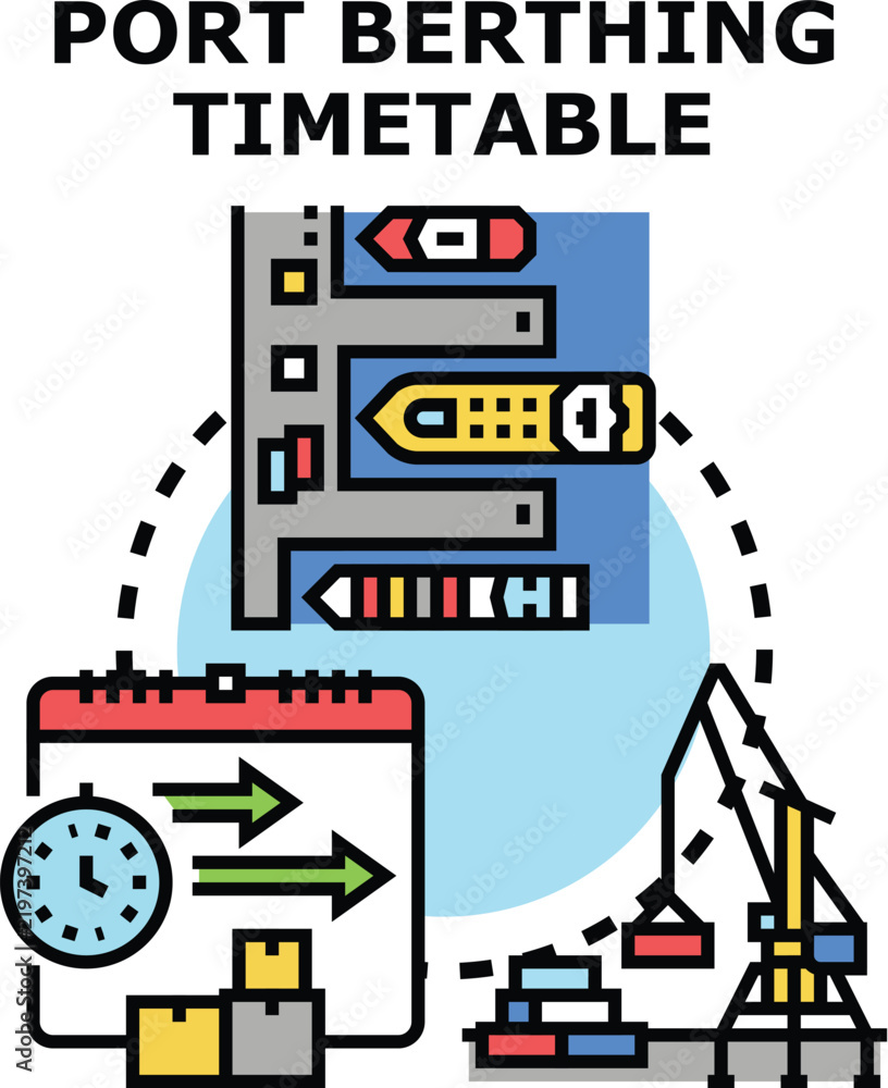 Obraz premium Port berthing timetable illustrating the process of marine transport, cargo loading, container management, and organized logistics for efficient shipment operations