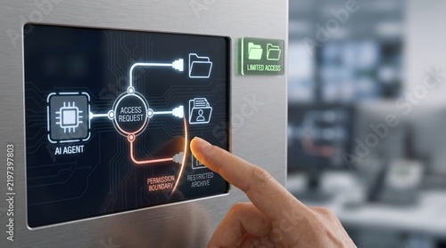 Runtime AI Governance - A human hand restricts AI access, allowing only essential data while blocking confidential information for security.