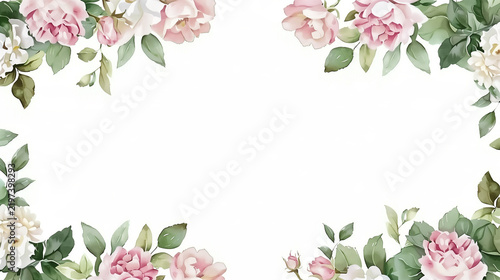 Watercolor pink rose floral frame background with botanical green leaves and copy space