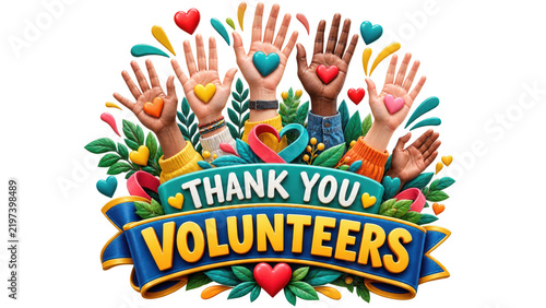 Thank you volunteers banner with raised hands and hearts