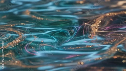 Abstract Liquid Marble Motion Background, Glowing Blue Purple Fluid Waves with Gold Sparkle Particles, Futuristic VJ Loop Backdrop, 4K