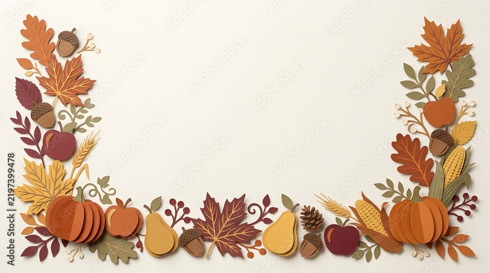Fototapeta premium Autumnal border of colorful leaves and pumpkins against a soft neutral background