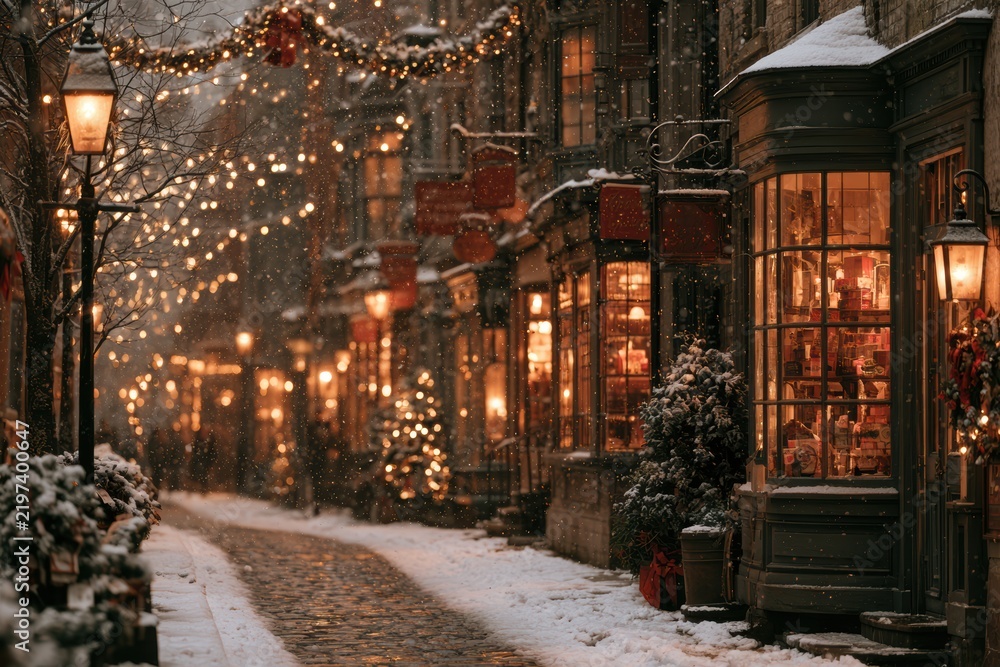 Fototapeta premium Charming old town street covered in snow, decorated with warm christmas lights